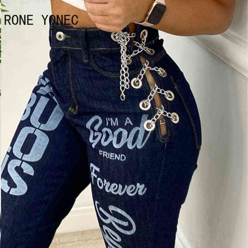 Women Solid Casual Letter Pattern Metal Decoration Skinny Denim Cropped Jeans 211129