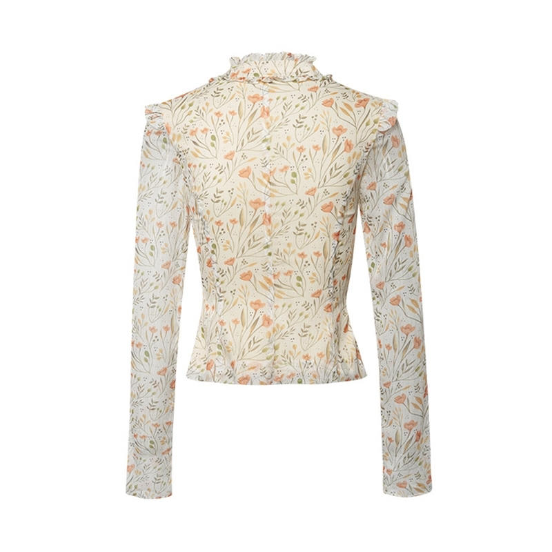 TWOTWINSTYLE Casual Print Women Shirts O Neck Long Sleeve Patchwork Ruffles Hit Color Lace Up Bow Hollow Out Blouses Female Tide 210225