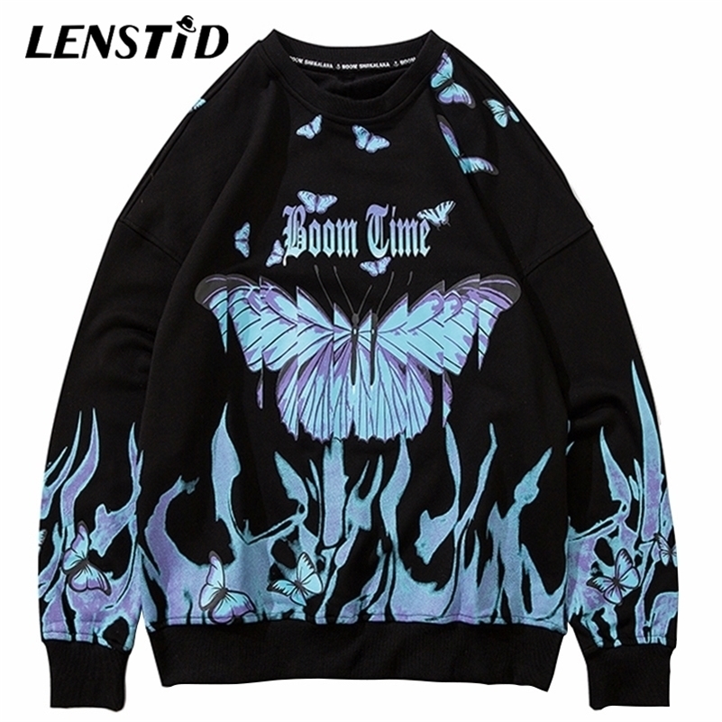 LENSTID Men Hip Hop Sweatshirt Blue Fire Flame Butterfly Harajuku Streetwear Hipster Pullover Hoodies Autumn Fashion Sweatshirts 201020