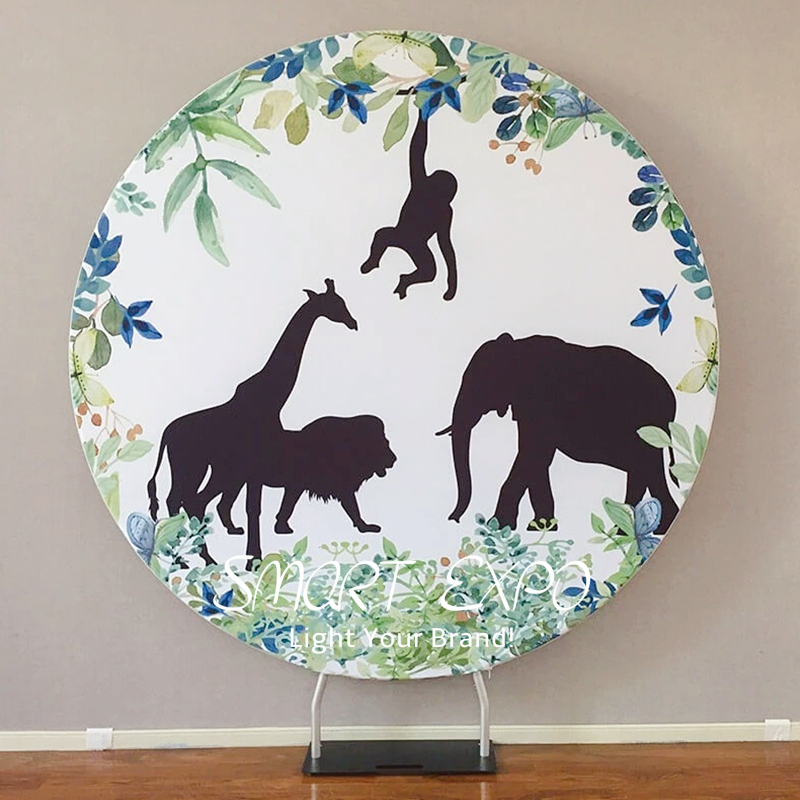 Retail Supplies Birthday Party Backdrop Event Decoration Wall Display with Circle Fabric Graphic Steel Base and Portable Carry Bag