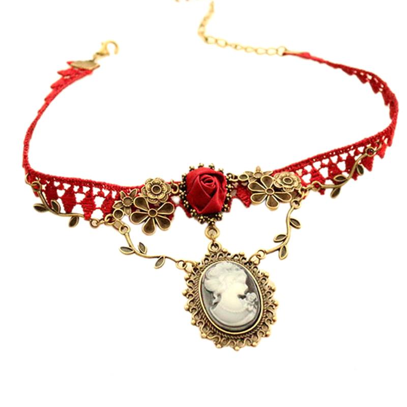 Pendant Necklaces Women039s Water Choker Necklace Stylish Cameo Red Rose Lace Fashion Jewelry Women Gift Xmas