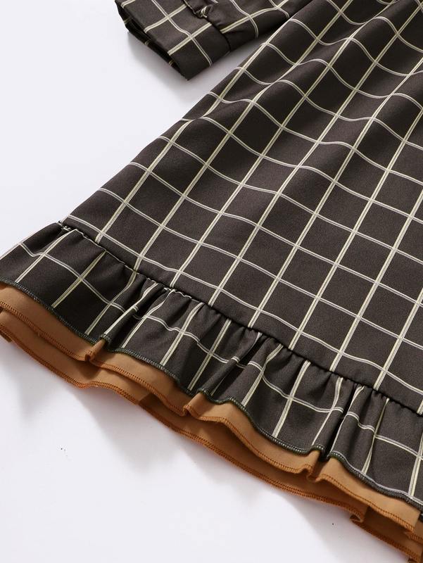 Toddler Girls Windowpane Print Contrast Panel Ruffle Trim Dress SHE
