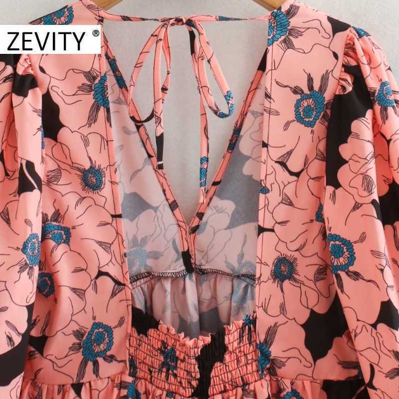 ZEVITY women vintage v neck tropical flower print mini dress female sexy backless elastic vestido chic casual dresses DS4502 210603