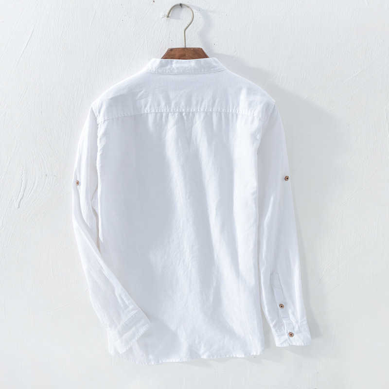 Cotton Linen Casual Shirts For Men Basic Classic White Shirt Autumn Male Long Sleeve Stand Collar Breathable Men's Clothing 210721