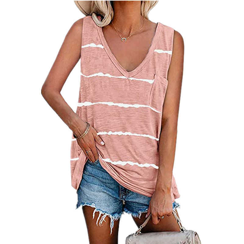 Black Striped Tank Tops for Women Summer Sleeveless V-neck Pocket Pullover Top Khaki Loose Casual Women's Plus Size Clothing 5XL 210604