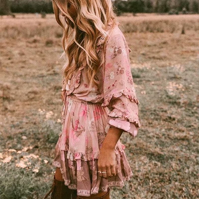 Vintage chic women floral print long sleeve v-neck ruffles beach Bohemian dress tassel rayon mini Boho dress vestidos T200320