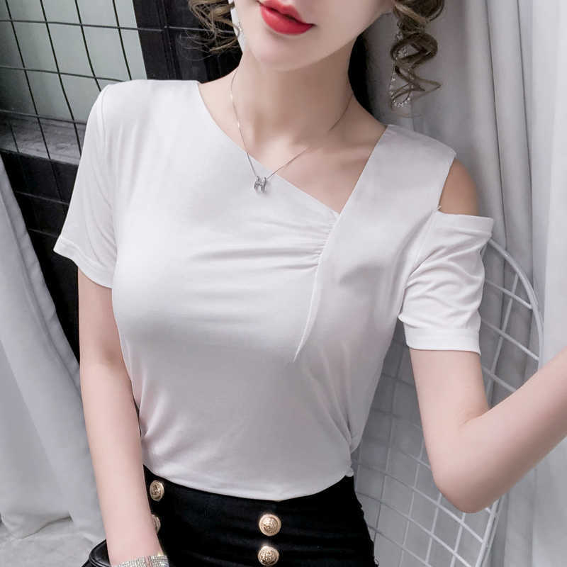 S- Tee shirt Femme Cotton Short Sleeve Folds T Shirt Summer Korean Fashion Black Tshirts Off Shoulder Y2K Womens Clothing 210604, White
S- Tee shirt Femme Cotton Short Sleeve Folds T Shirt Summer Korean Fashion Black Tshirts Off Shoulder Y2K Womens Clothing 210604, White
