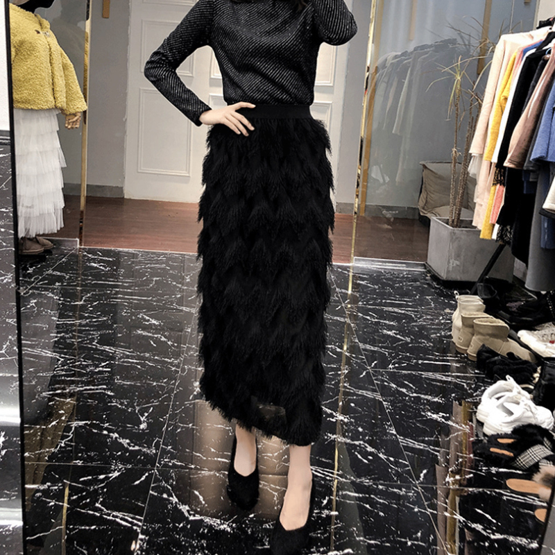 TIGENA Tassel Maxi Skirt Women Fashion Korean Casual Fringe High Waist Straight Long Skirt Female Ladies Black White 210306