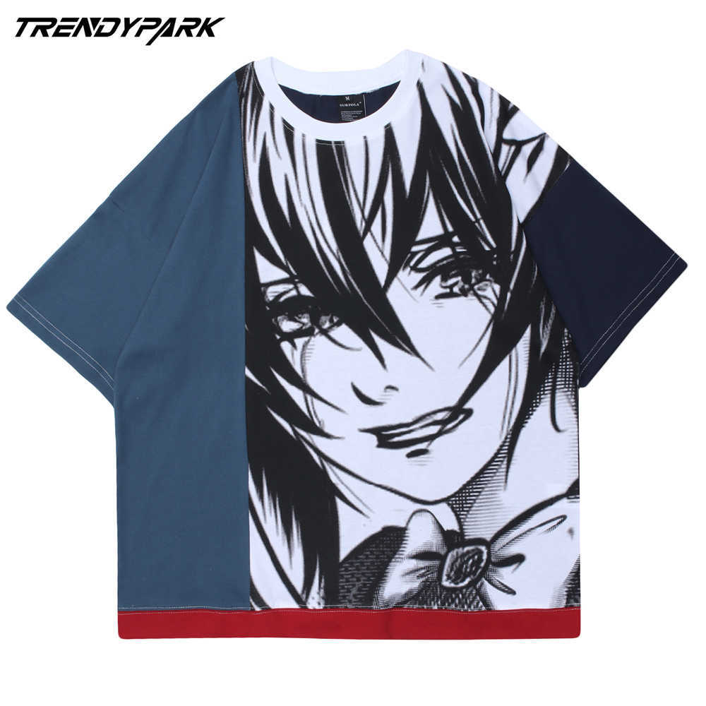 Men's Hip Hop T-Shirt Anime Character Painting Print T Shirt Summer Short Sleeve Tshirt Harajuku Cotton Casual Tops Tees 210601