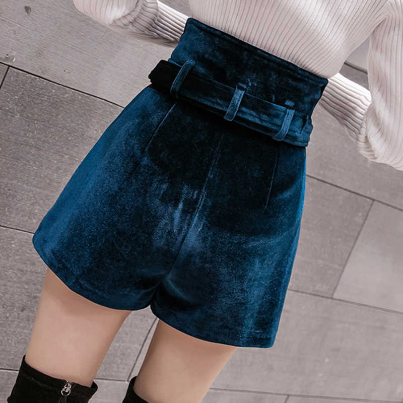 S-2XL Velvet Belted Shorts Women Fashion Streetwear Plus Size Single-Breasted High Waist Pocket Black 210601
