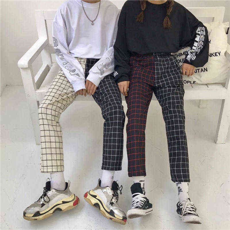 Neploe Vintage Plaid Patchwork Pants Harajuku Woman Man Trousers Elastics High Waist Korean Causal Straight Checkerboard 211115