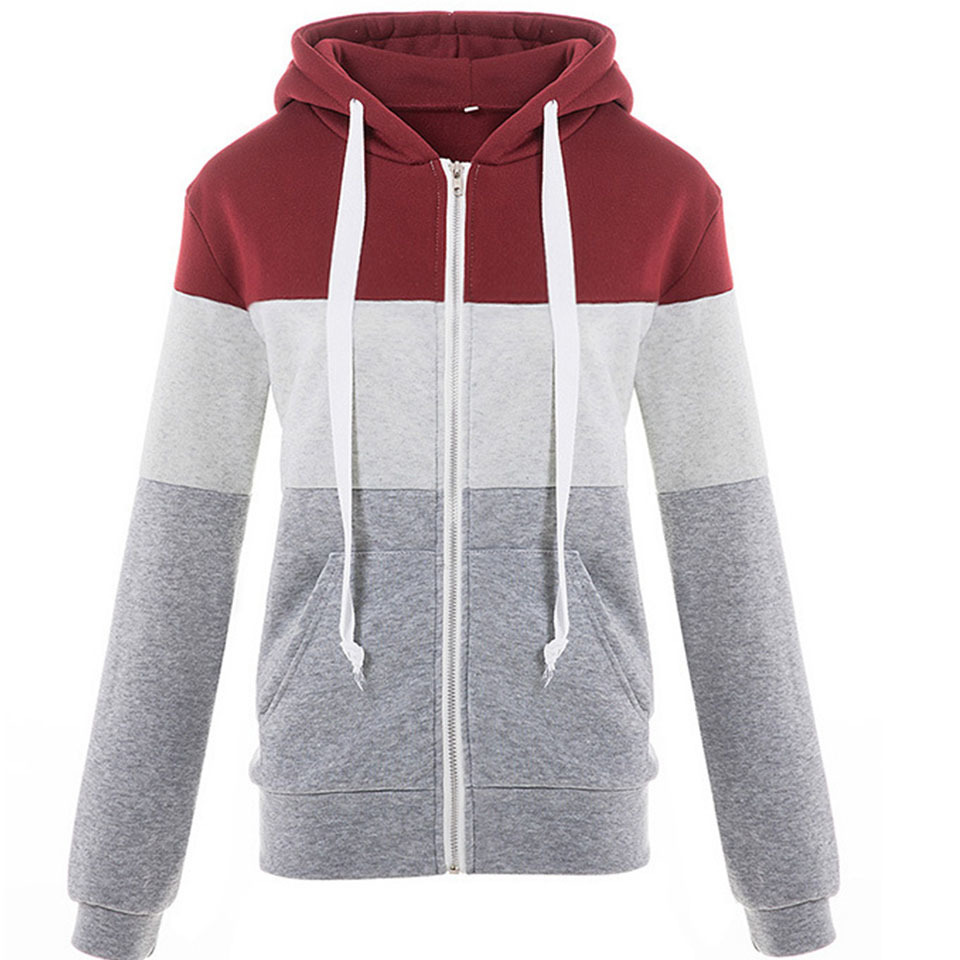 Women Hoodie Casual Kangaroo Pocket Patchwork Long Sleeve Hoodie Sweatshirt With Zipper Hoodie Drawstring Harajuku Fashion T200525