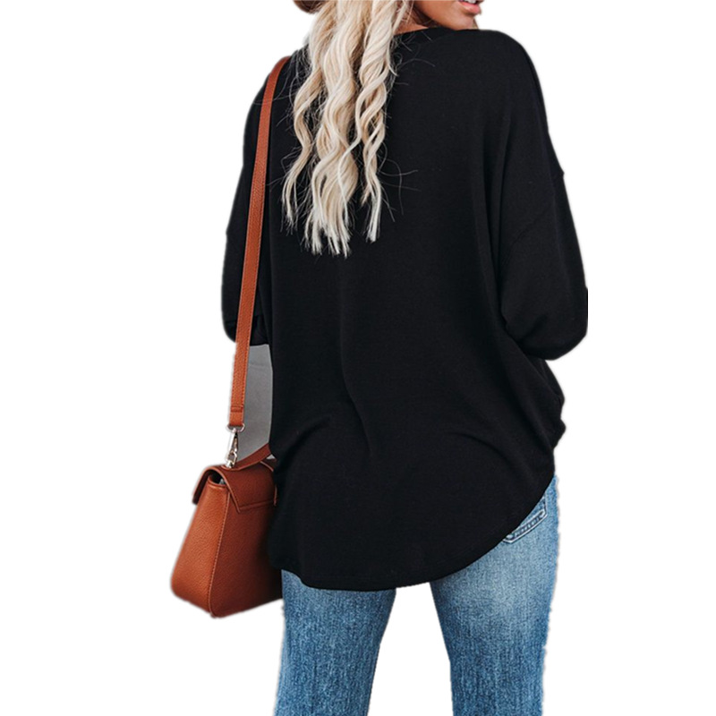 T-Shirt 2021 European and American spring solid color long-sleeved round neck pullover button top