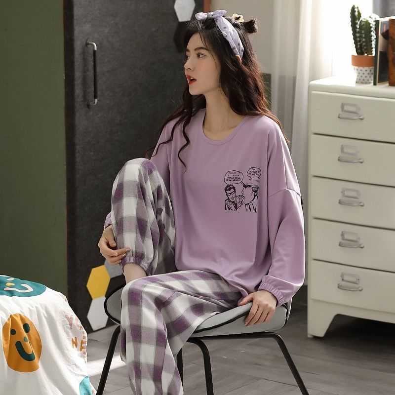 Women Cotton Pajamas Set Cute Cartoon Homewear Home Clothes Lounge Wear Autumn Long Sleeve Female Sleepwear 210924