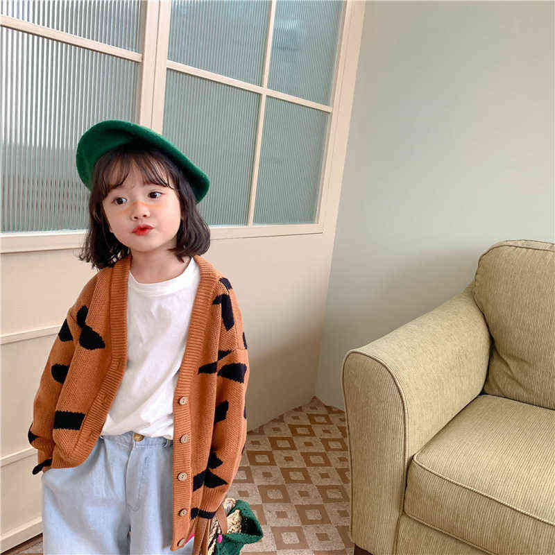 Girls cute leopard cartoon knitted cardigans Korean style children loose soft casual V-Neck Sweaters 211104