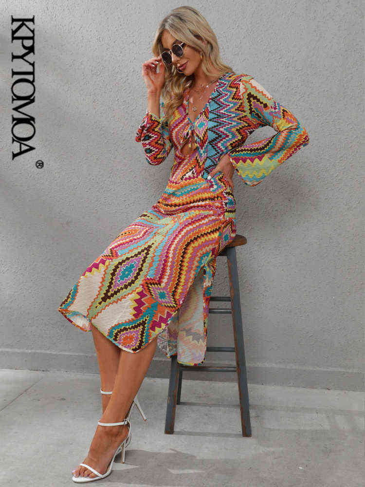 KPYTOMOA Women Chic Fashion With Drawstring Printed Midi Dress Vintage Long Sleeve Side Vents Female Dresses Vestidos Mujer 211206