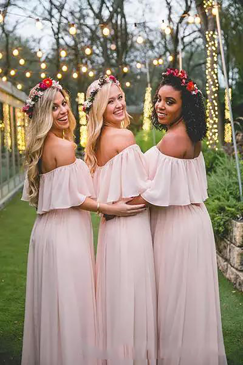 Vintage Blush Country Bridesmaid Dresses 2021 Modest Off the shoulder Chiffon Beach Bohemian Junior Maid of Honor Wedding Guest Gowns 0509