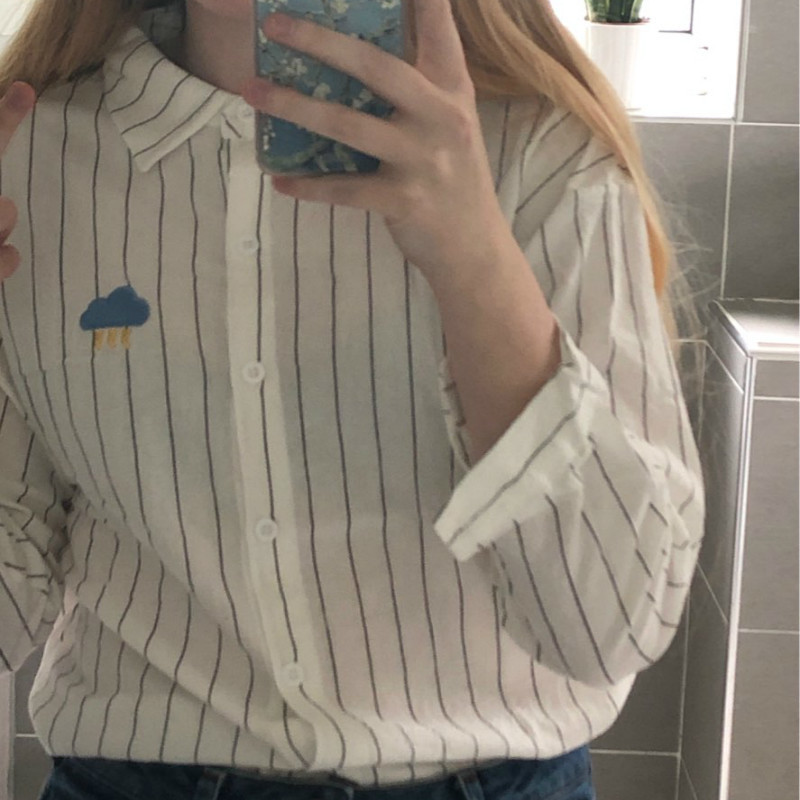 Woherb Women Kawaii Striped Blouse Moon Embroidery Korean Ladies Tops Blusas Casual Batwing Sleeve Linen Shirt 20824 210225