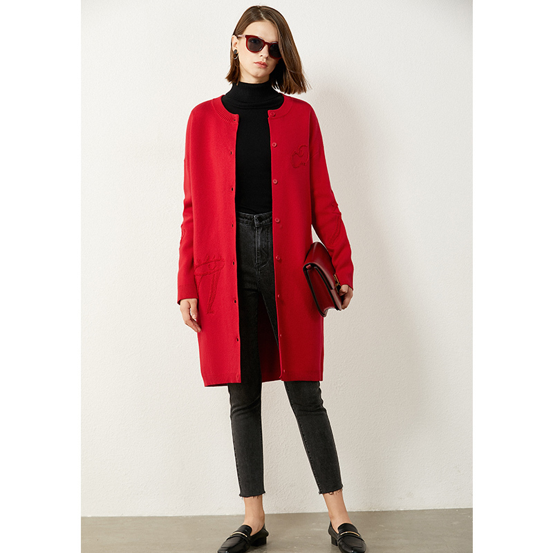 AMII Minimalism Autumn Winter Fashion Embroidery Women Cardigan Solid Oneck Knitted Singlebreasted Female Coat 12040788 201019