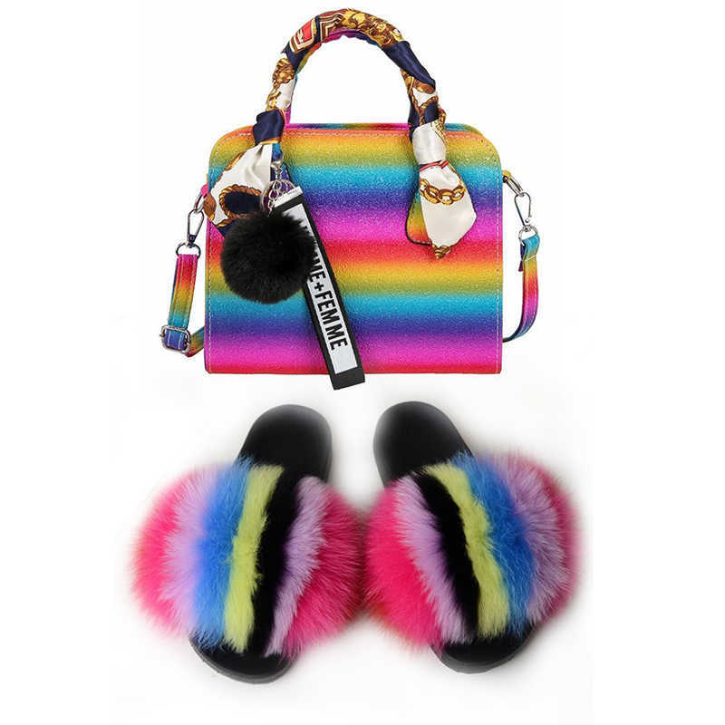 Women Shoes Real Fur Slides and Jelly Purse Set Exquisite Handbag ry Sandals Ladies Party Big with Bags 2107122