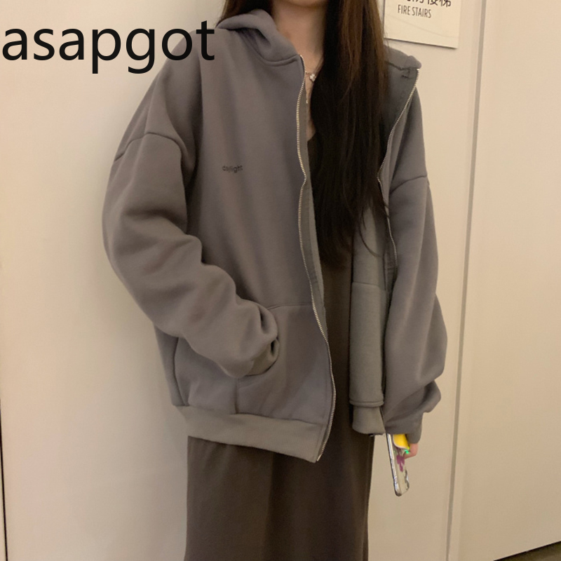 Asapgot Spring Autumn Korean Long Sleeve Loose Hoodies Zipper Up Sweatshirts Plus Size Tops Grey Coat Jacket T200904