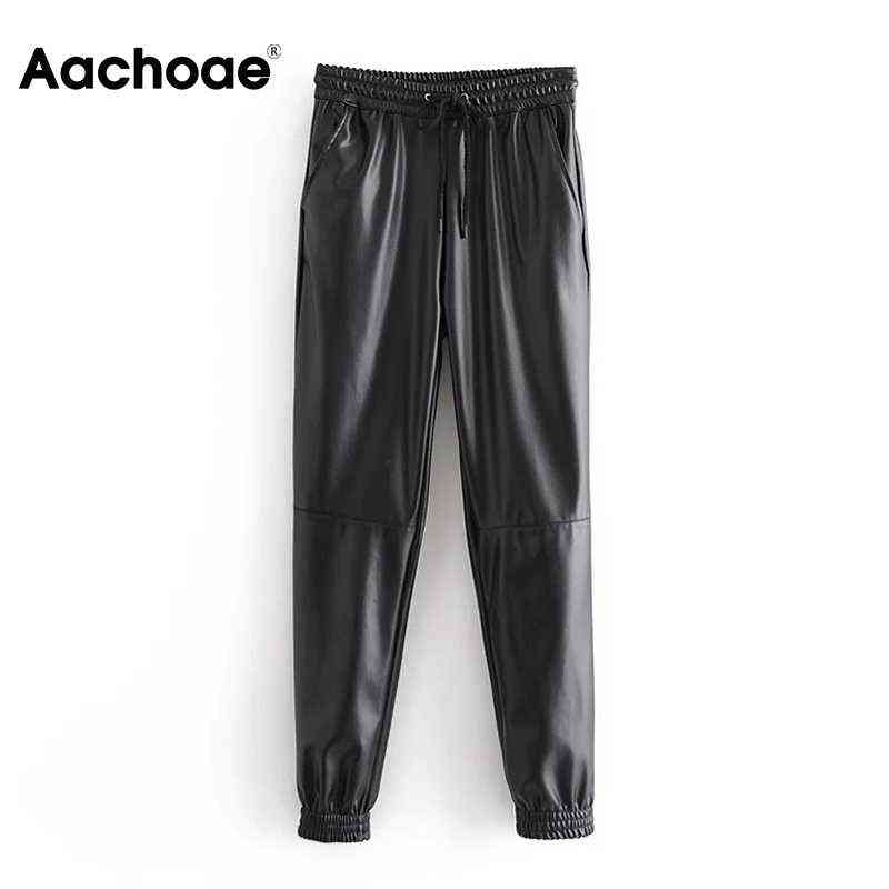 Aachoae Lady Full Length Pu Leather Pants Drawstring Sports Style Long Sweatpants Women Baggy Casual Pencil Pantalon Mujer 211102