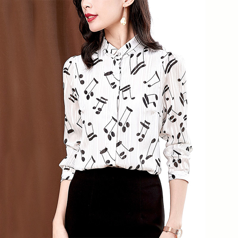 Spring Chiffon Shirt Women White Music Print Turn-down Collar Long Sleeve Thin Blouse Fashion Print Tops T02703B 210225