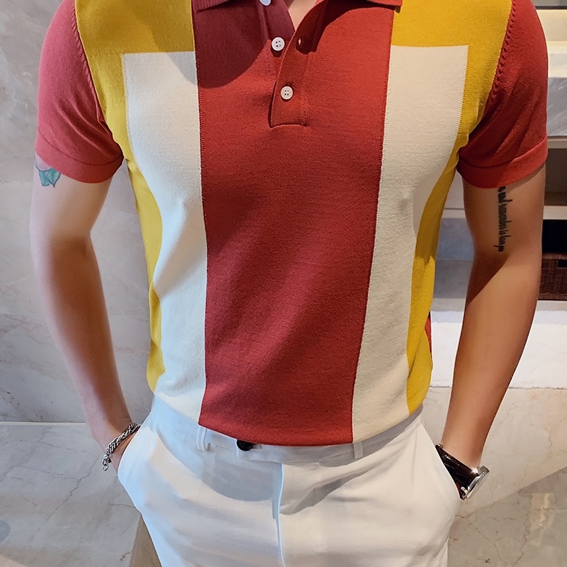 Playera Polo Hombre Summer Men's Short-sleeved Casual Knitted Polo Shirt Hit Color British Slim Lapel Ice Silk Breathable Polo 210308