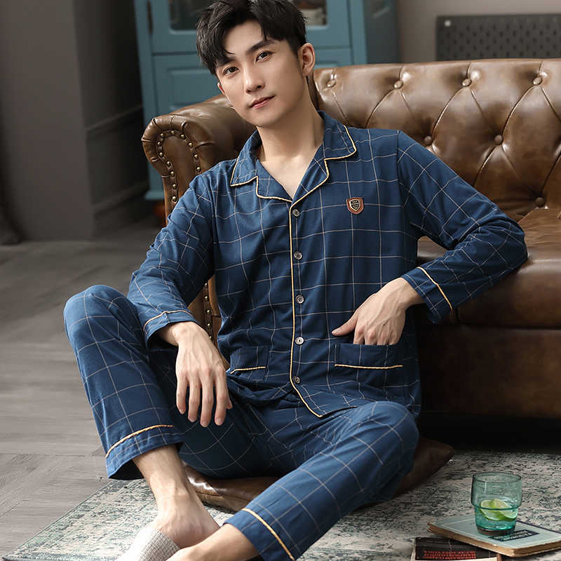 Winter 100% Cotton Pajamas For Men Blue Sleepwear Fashion Warm Pyjama Homme Cotton Pijamas Hombre Invierno Cotton Plaid Pyjamas 210812
