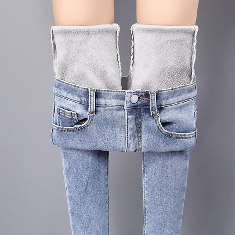 Autumn Winter Jeans Women High Waist Jeans Fleece Warm Female Long Pantalon Thick Blue Cotton Denim Trousers New 11371 210222