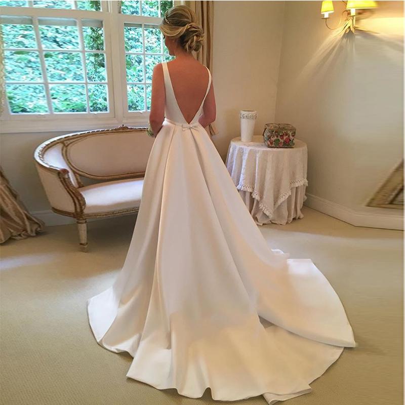 Elegant Satin A Line Wedding Dresses Gowns Bateau Sexy Backless Sweep Train Custom Made Garden Plus Size Simple Vestido De Novia 401