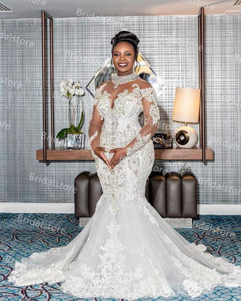 Luxury African Crystal Mermaid Wedding Dresses 2021 Plus Size High Neck Long Sleeve Nigerian Country Church Wedding Dress Bridal Gowns