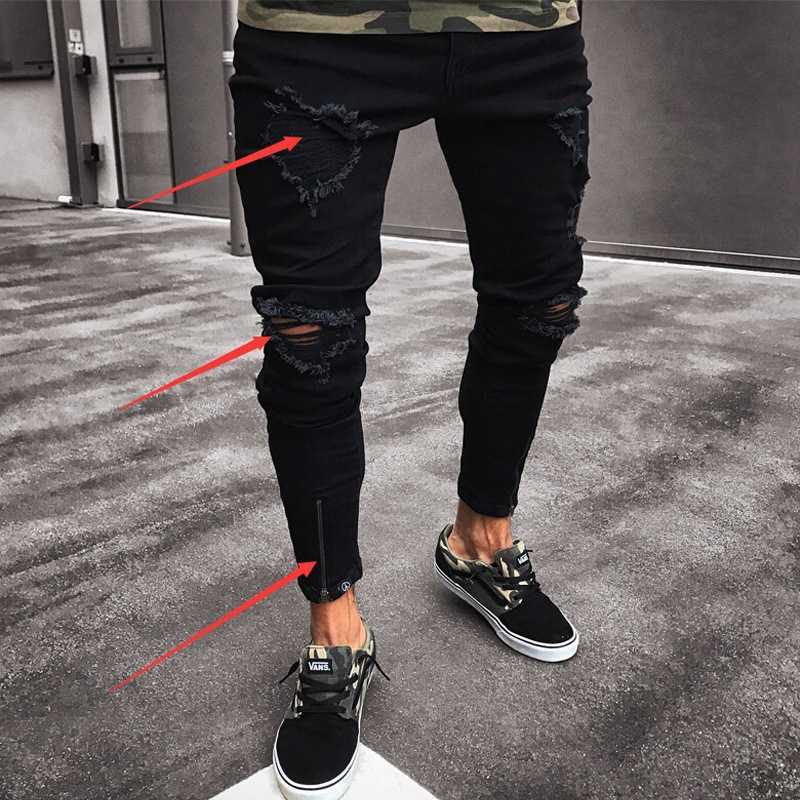 Men's Jeans New Fashion Pants Split Elastic Zipper Four Season Perforated Pencil Denim Cotton Y2303
