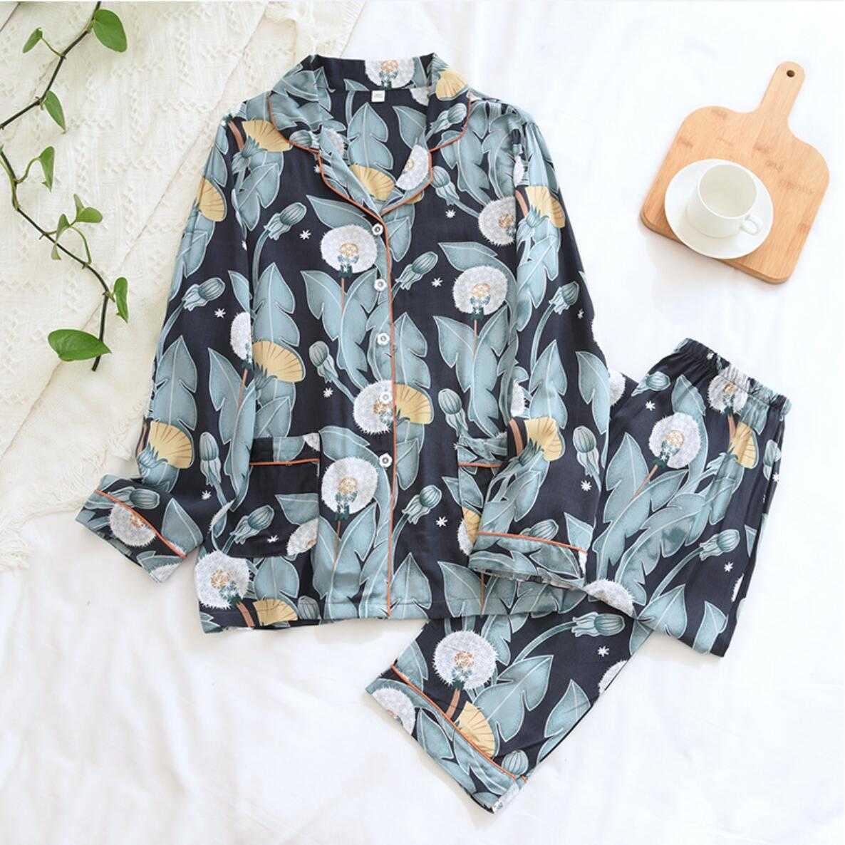 Women's Summer Two-piece Home Suit for Spring and Summer Thin Long-sleeved Viscose Cotton Pants Pajamas Women Summer Cotton Suit 210924