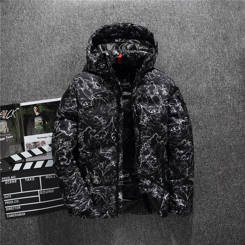 Mens Casual Down Jacket Winter New Boutique White Duck Down Thick Warm Fashion Print Mens Slim Hooded White Black Down Coat 201225