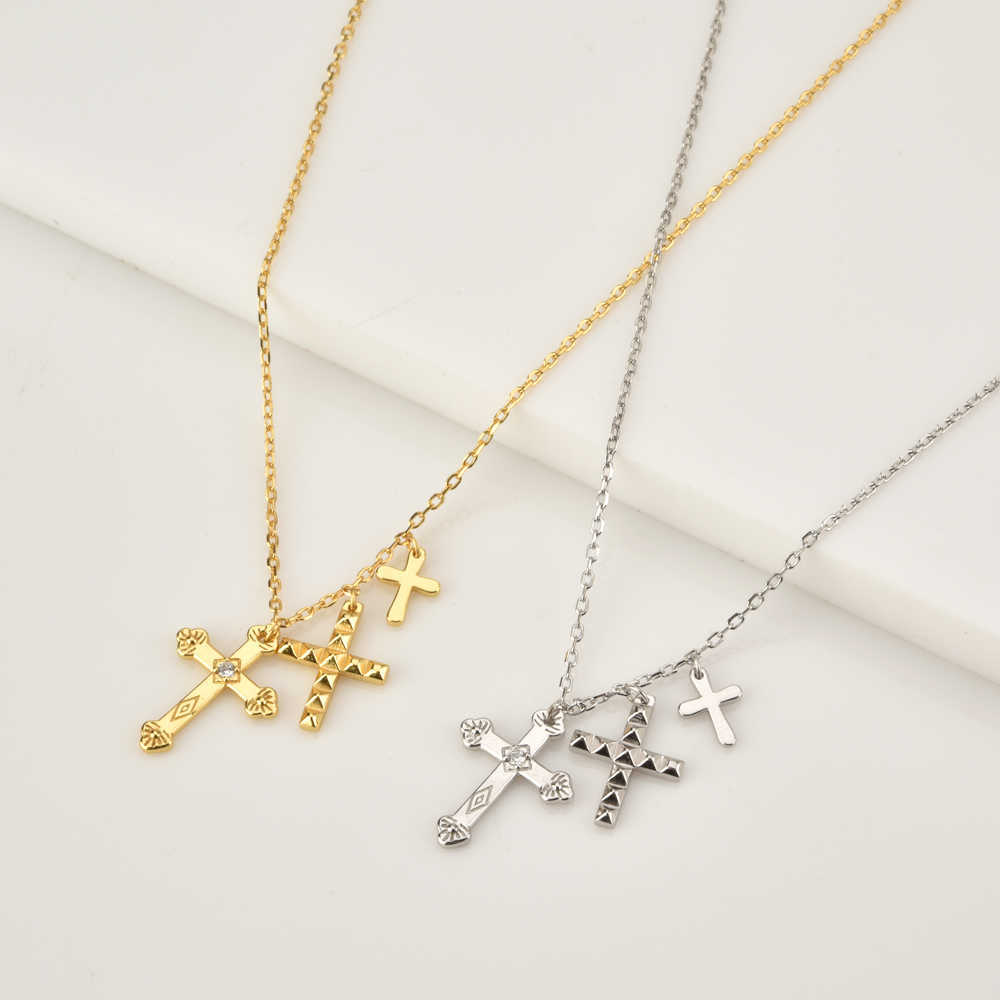 KIKICHICC Gold 925 Sterling Silver Small Three Cross Pendant Charm Long Chain Necklace Fashion Fine Jewelry Gift 210721