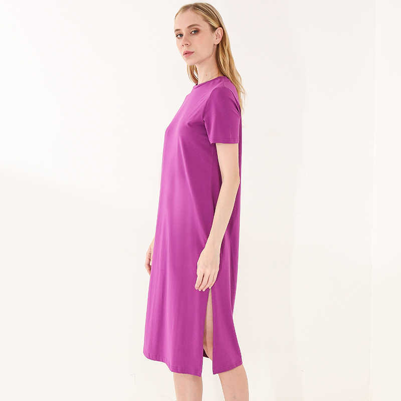 94% Cotton 6% Spandex Dress Casual Loose Short Sleeve O-Neck Split Out Women Dresses Plus Size Vestido Sales M30465 210630