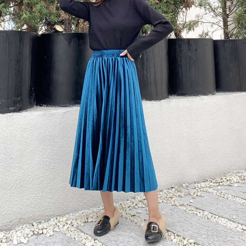 Women Long Metallic Silver Maxi Pleated Skirt Autumn Winter Midi Skirt High Waist Elascity Casual Party Skirt Vintage 210311