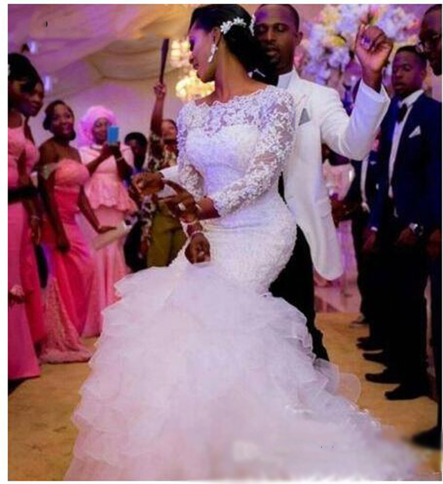 Sexy African White Lace Mermaid Wedding Dresses Long Tiered Skirt Sweep Train Bridal Gowns Plus Size Long Sleeve Wedding Dress 2021 New