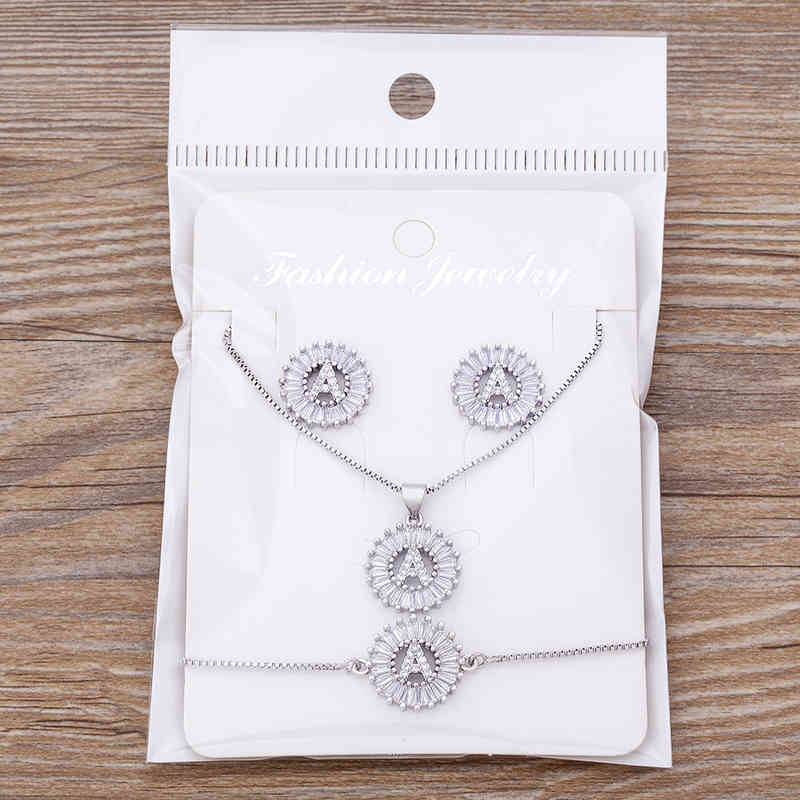 Charm Initial Necklace + Stud Earrings Bracelet Sets Jewelry Copper Zircon White Color A-z 26 Letters Alphabet Accessories