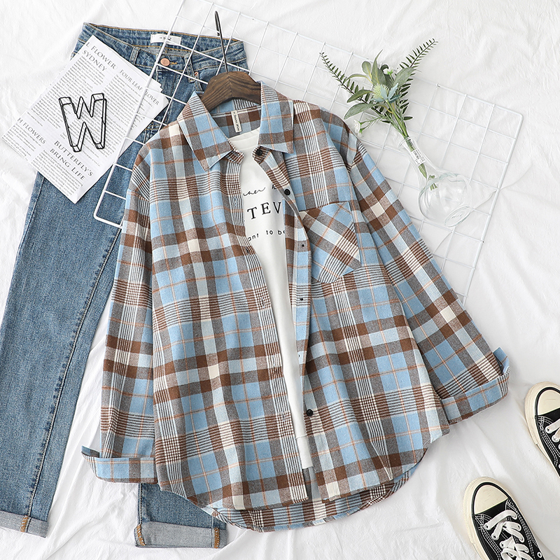 Plaid Shirts Womens Checked Blouses And Tops Long Sleeve Female Casual Print Shirt Loose Cotton Blusas Outwear Autumn News 210225