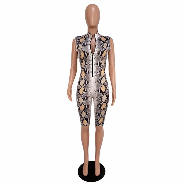 women leopard print zip open sleeveless skinny knee length leggings jumpsuits fashion high street wear rompers playsuit GLM7166 Y0625