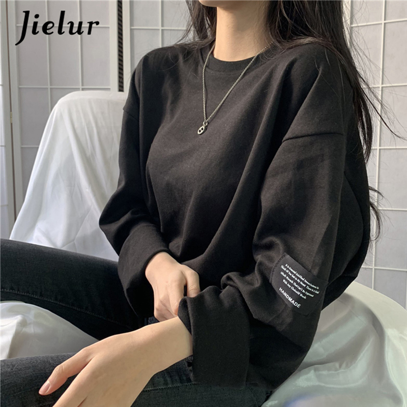 Jielur Korean Style Fashion Long Sleeve T-shirt Women Harajuku BF T-shirts Spring Loose Couple Tees White Top Hipster Clothing 210302