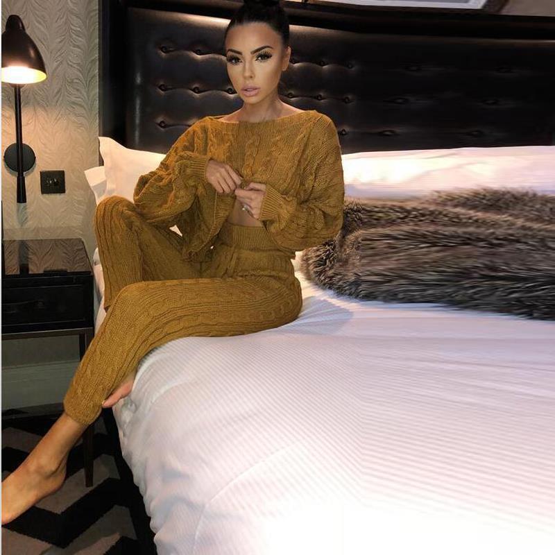 Solid Long Sleeve Set Autumn Winter Two Piece Pants Sweater Outfits Sexy Off Shoulder Loose Top Pencil Suit