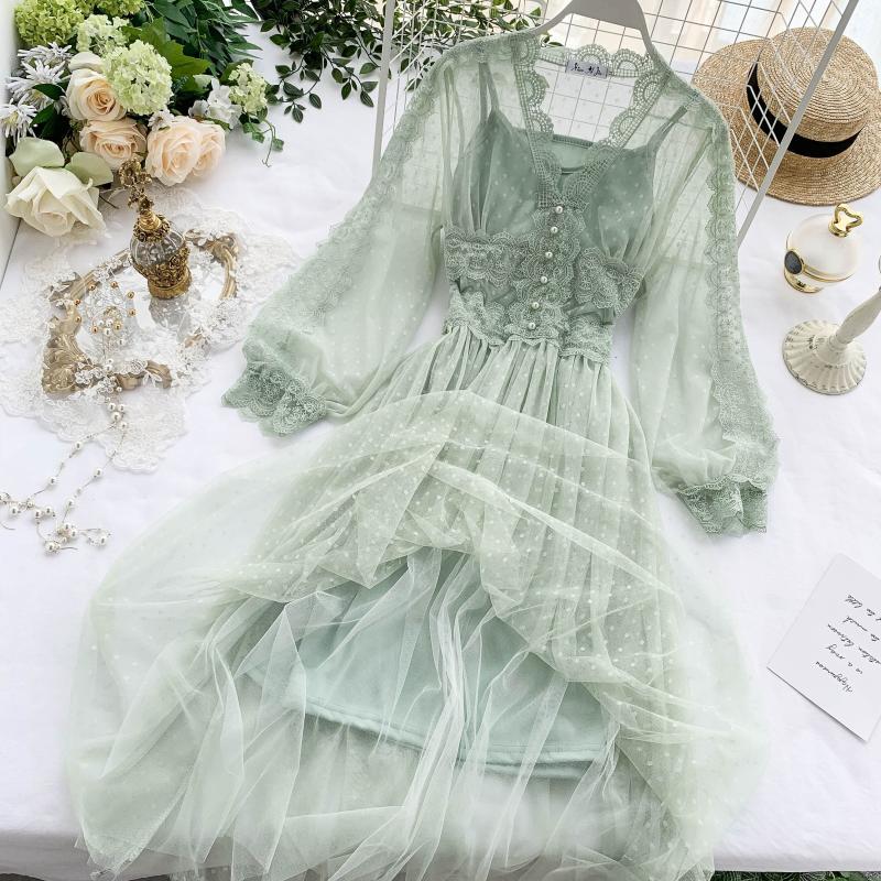 Women Mesh Lace Crochet Dresses Vneck Elegant Prom Puff Sleeves Dress Women Sexy Slim Swing Long Dress 210303
