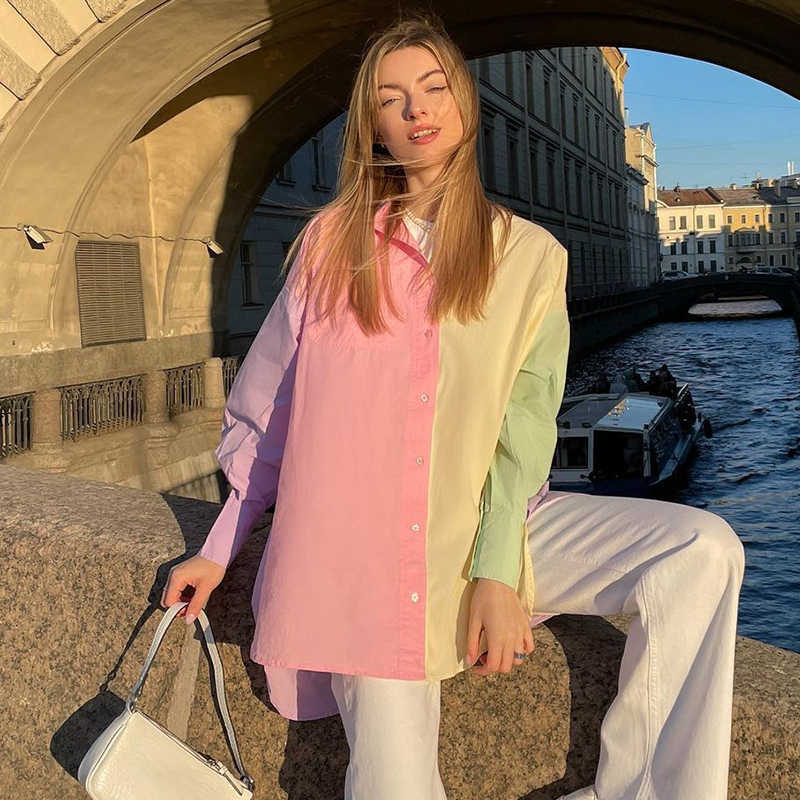 Vintage Women Patchwork Poplin Loose Shirts Summer Fashion Ladies Casual Shirt Party Female Chic Oversize Tops Stylish 210527
