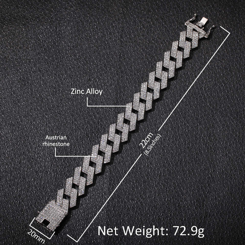 THE BLING KING 20mm Miami Prong Cuban Link Bracelet 3 Row Full Iced Out Rhinestones 7inch 8inch Bracelet Mens Hiphop Jewelry 210609