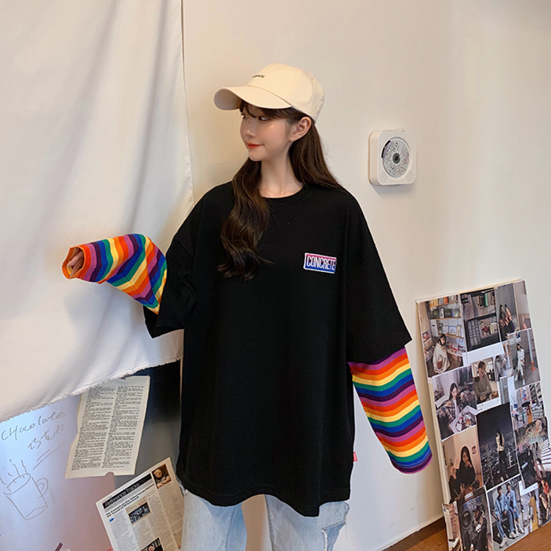Hirsionsan Rainbow Kawaii T Shirt Women New Spring Long Sleeve Harajuku Tees Casual Student Tops Stripe Oversized Clothes 210302