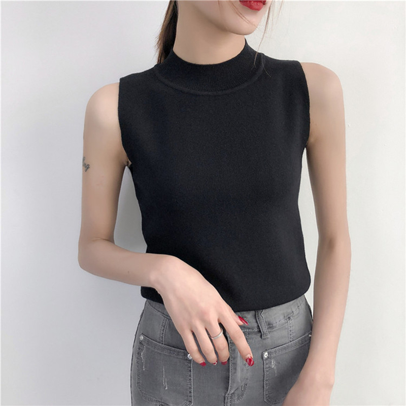 Spring Knitted Top Tees Women O-Neck Sleeveless Fitness Slim Tee Shirt Femme Ladies Knitting Pullover Tshirt Knitwear 210306