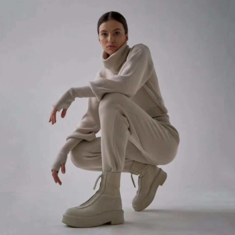 Summer Turtleneck Sweater 2 Pieces Ladies Setchic Knitted Pullover + Pants Casual Set 210525